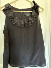 Cynthia Rowley 100% Silk Black Top Ruffles around neck XL