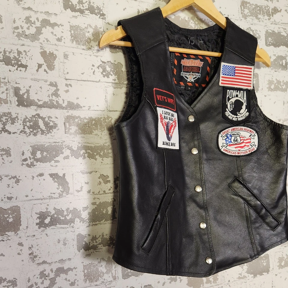 Interstate Leather Womens Motorcycle Biker Vest Patches USA Flag Harley Davidson - Image 2 of 4