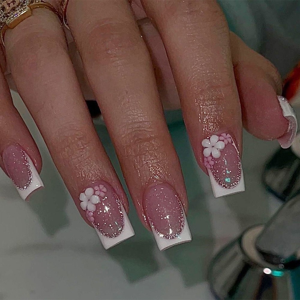 24PCS Glitter French Press-On Nails w/ 3D Flowers - Square E