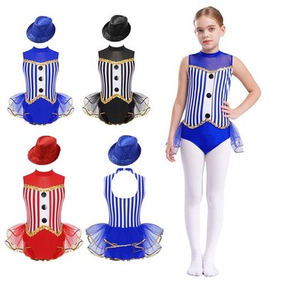 Mädchen Zirkus Akrobatik Kostüm Pailletten Glitzer Tutu Tanzkleid Partyhut Dance