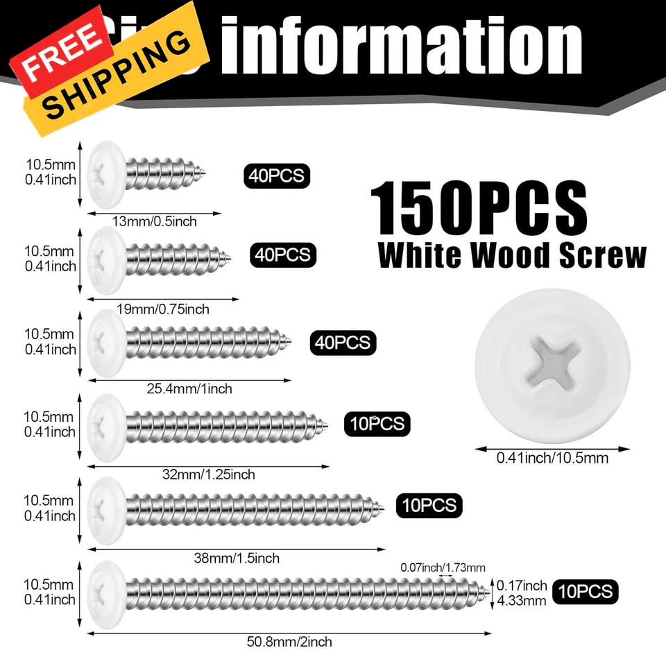 150PCS White Head Screws #8 Wood for 3.6mm-3.8mm Holes,1/2”, 3/4”,...  - Image 2 of 4