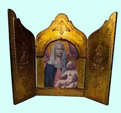 Vintage Gold leaf Gabbanini Madonna & Child Triptych Folding Icon Florence Italy