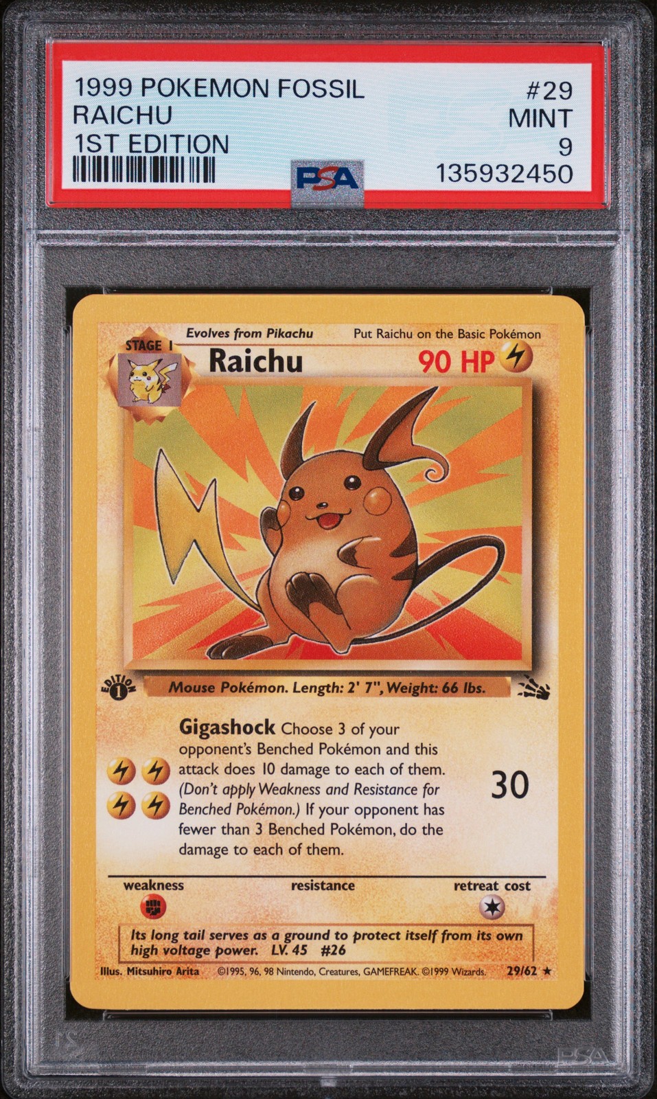 1999 POKEMON FOSSIL 1ST EDITION #29 RAICHU PSA 9