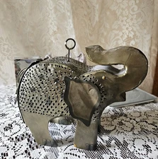 Punched Metal Hanging Elephant Votive Holder - 10 x 8 Indoor or Outdoor Decor