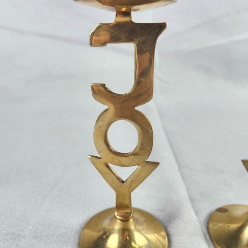Pair Of Handmade Solid Brass "JOY" Taper Candle Holders 8.5" India - Picture 3 of 8