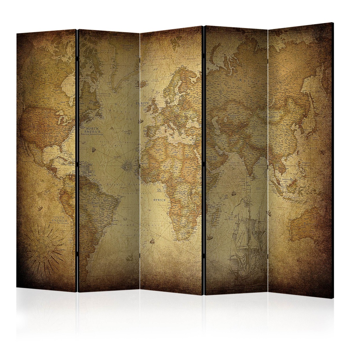 Paravent 5 volets Old Map 172x225 cm en bois et toile canvas