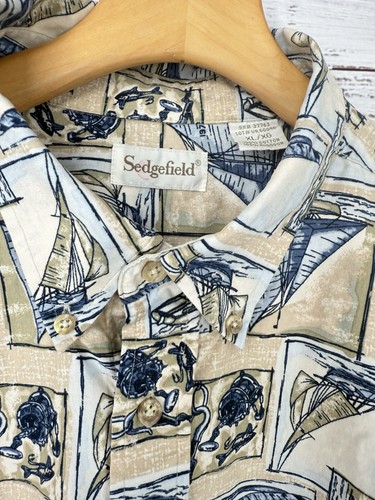 Camicia hawaiana vintage Sedgefield barche a vela yachting pesca stampa uomo taglia XL - Foto 2 di 3