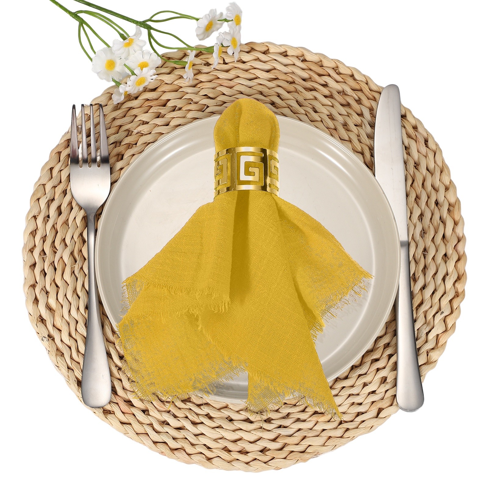 6Pcs Cotton Linen Napkins, 13 x 13 Inch Cloth Napkins Fringe, Bright Yellow