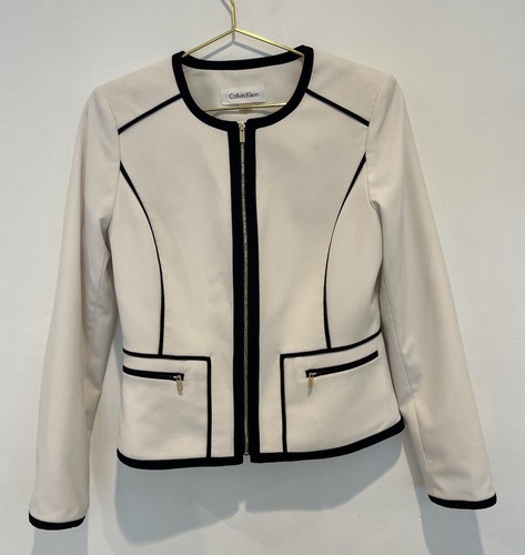 Calvin Klein Womens White Black Cream Padded Gold Zipper Blazer Size 6