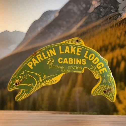 VINTAGE PARLIN LAKE CABINS PORCELAIN SIGN FISHING LODGE CAMPING MAINE GAS OIL