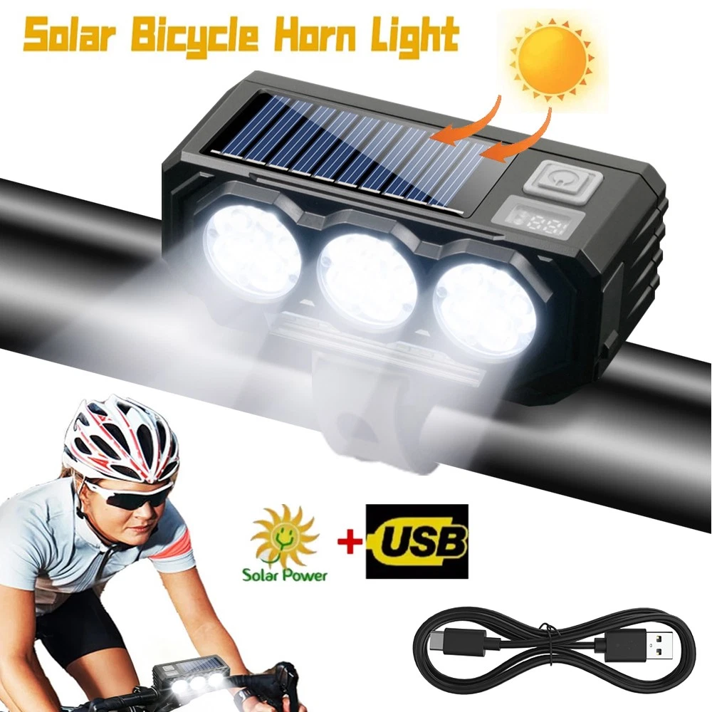 Solar Front Lights Bike Headlight, USB Rechargeable with Horn for Night Riding