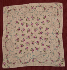 May Day Hankie Dancing Girls Ribbons Floral Cotton Purple Aqua Green SQ 11'