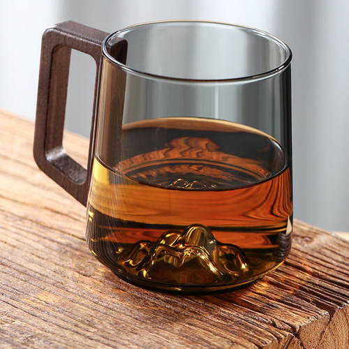 Wooden Handle Glass Cup Internal Mountain Protrusion Tea Cup Milk Tea - Picture 10 of 12