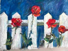 Original Oil Pastel Painting, Roses by the Fence 11x8.5in,Floral Wall Art,Signed