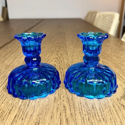 Set of 2 Vintage Fenton Blue Thumbprint Glass Candlestick Holders