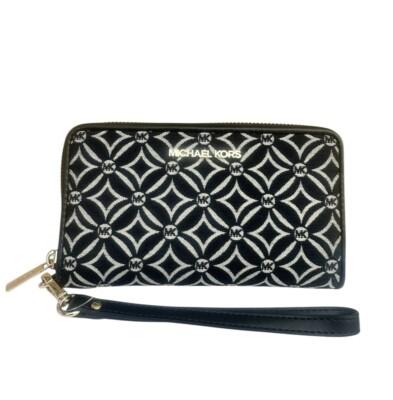 #ad Michael Kors Jet Set Travel Large Flat Wallet Mk Logo Black Zip Around $45.00