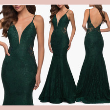 NEW La Femme 6 Open Back Sleeveless Lace Mermaid Gown Emerald Green J777