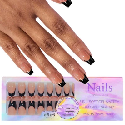 LOVENAILS 150 Ballerina French Press-On Tips schwarz Fullcover Nägel kurz Acrylgel Nails