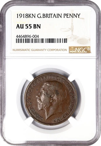 GREAT BRITAIN GEORGE V  1918-KN  PENNY ALMOST UNCIRCULATED NGC CERTIFIED AU55-BN