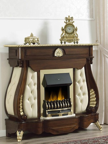Camino elettrico Billionaire stile Barocco Inglese noce e foglia oro marmo cr...