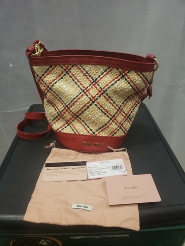 Autentica Borsa Secchiello Miu Miu Rossa Paglia Ricamo Tartan Resort - Foto 1 di 10