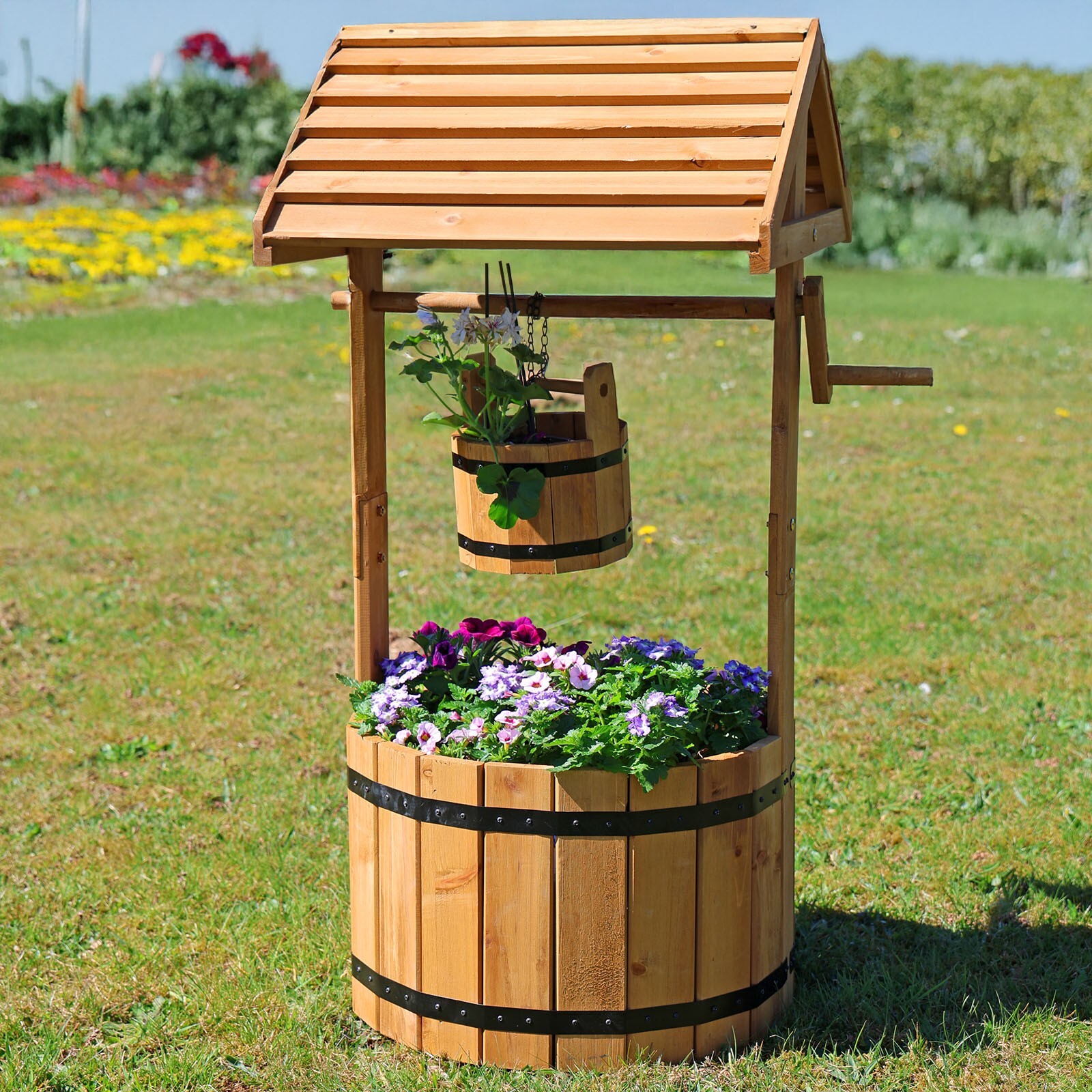 Garden Planter Wishing Well Wooden Flowerpot Plant Box Ornament Display Patio