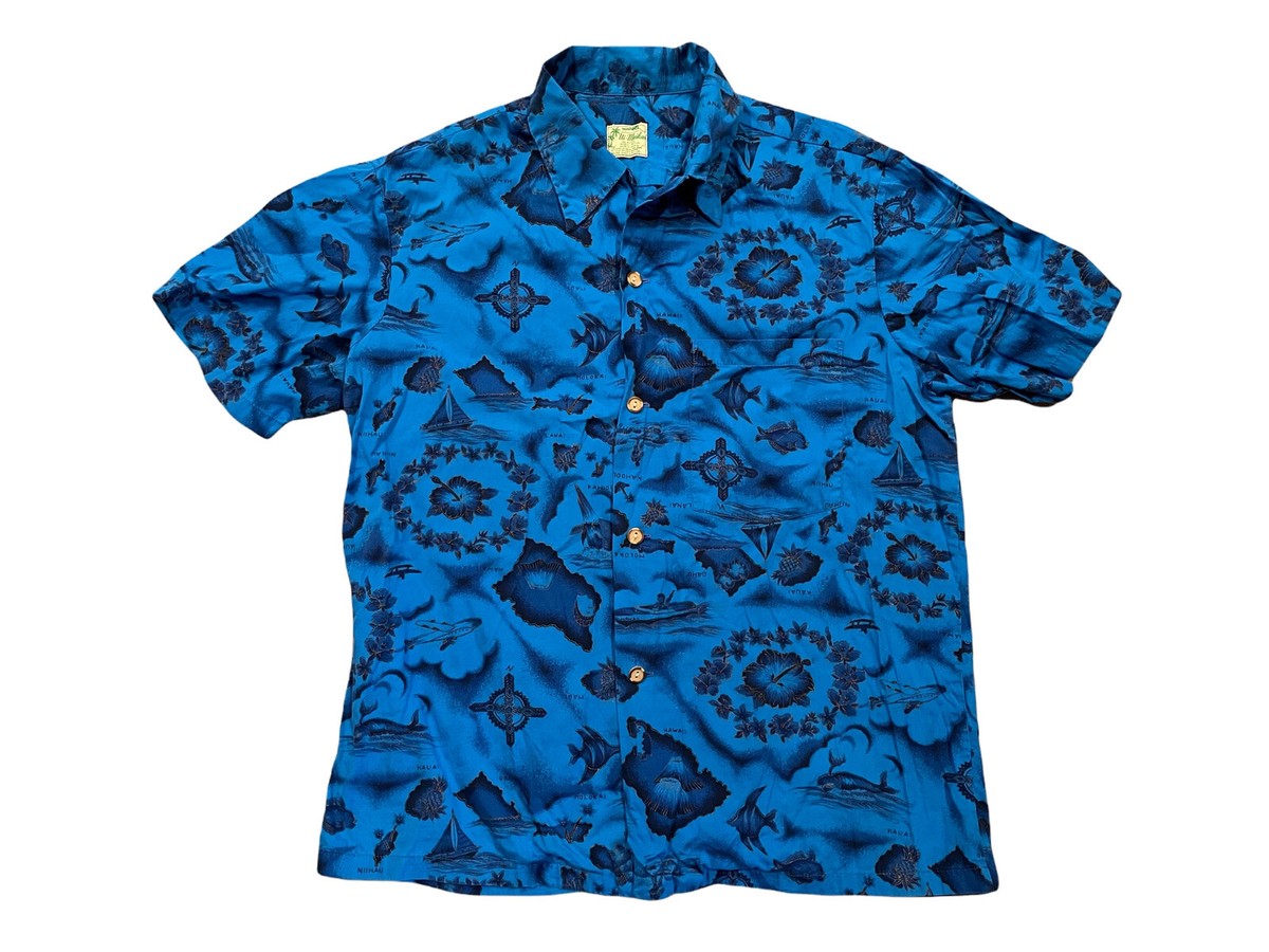 60s vintage AlohaShirt Ui-Maikai アロハシャツ Vintage Aloha Ui Maikai Hawaiian Shirt Blue Boats Hibiscus Men's