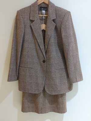 SAG HARBOR WOOL BLEND VINTAGE BROWN & CAMEL PLAID BLAZER & SKIRT Suit SIZE 10