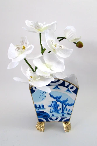 Blue & White Asian Chinoiserie Pagoda Tole Cache Pot