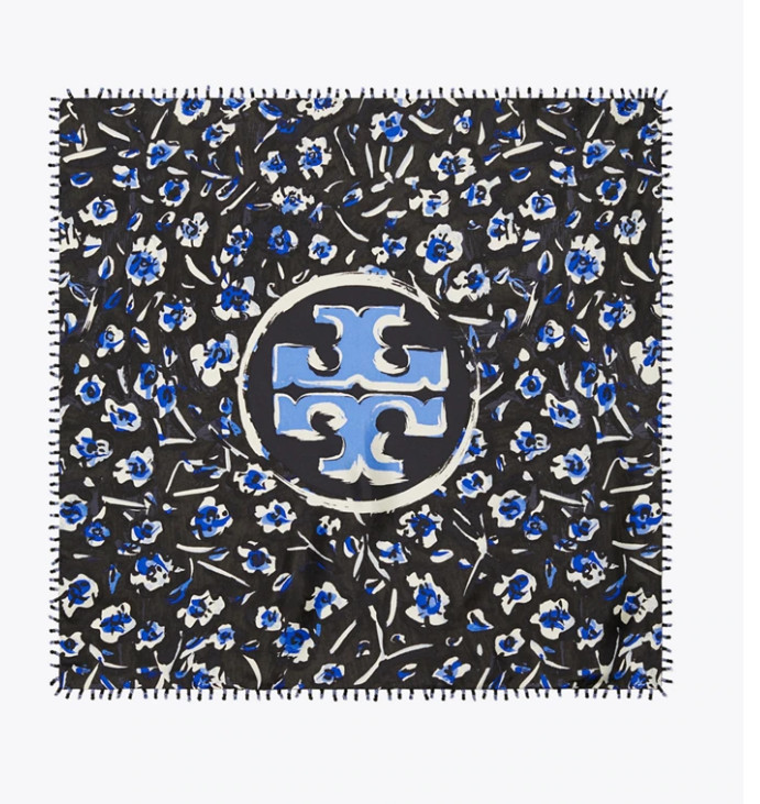 TORY BURCH Midnight Teapot Beaded Silk Neckerchief Blue  (New)  $148