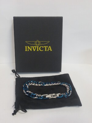 INVITICA ELEMENTS STAINLESS STEEL 7.75'' CUBAN CURB BRACELET SILVERTONE / BLUE