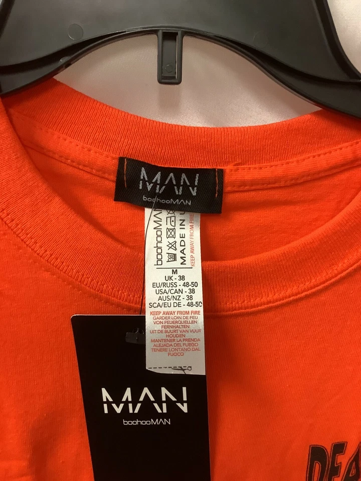 Camiseta BoohooMan Para Hombre Naranja De Gran Tamaño Corredor de la Muerte Estampado Delantero y Trasero Talla M Foto 4 de 4