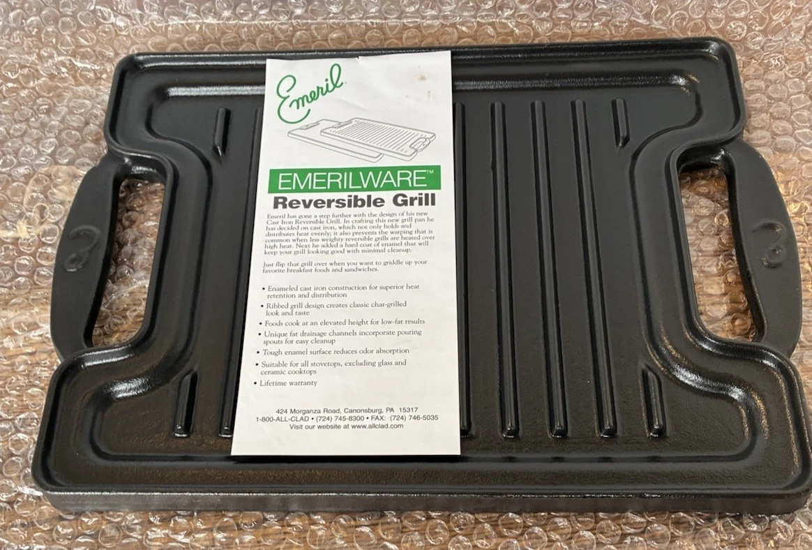 Cast Iron Reversible Grill Griddle Enameled Double Handled Emerilware 14x10