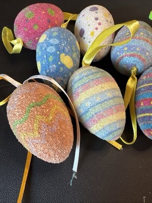 24 Vintage Sugar Frosted Beaded Easter Egg Ornaments with Ribbons Huge Lot