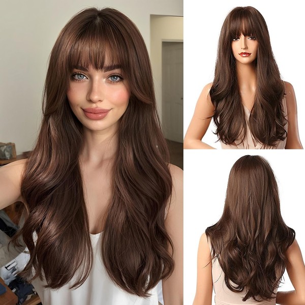 Peluca larga lacia para mujer, cabello natural, color marrón