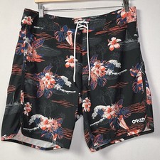 Oakley Boardshorts Mens Size 33 Floral Performance Fit Swim Trunks Beach Black