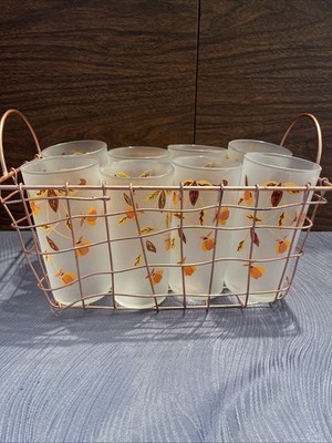 Libby Set Of 8 Frosted Tumblers In Fall Floral Pattern In Copper Colored Caddy