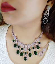 Indian Bollywood Silver Plated Ethnic AD CZ Jewelry Earrings Necklace Bridal Set