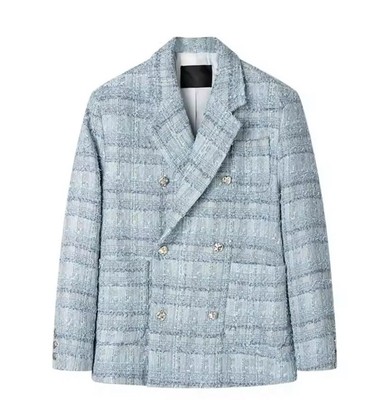 Korean Tweed Blazer , Blue Double-Breasted Jacket, K-Fashion Streetwear Y2K