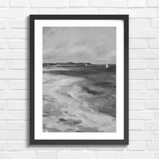 Serene Coastal Sailboat Beach Painting Black & White Framed Wall Art Print Large