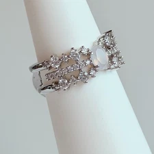 Bomb Party Sz 9 "The Iris Ring" Genuine Pink Agate & CZ on Rhodium RETRO