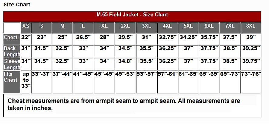 M65 Field Jacket Size Chart