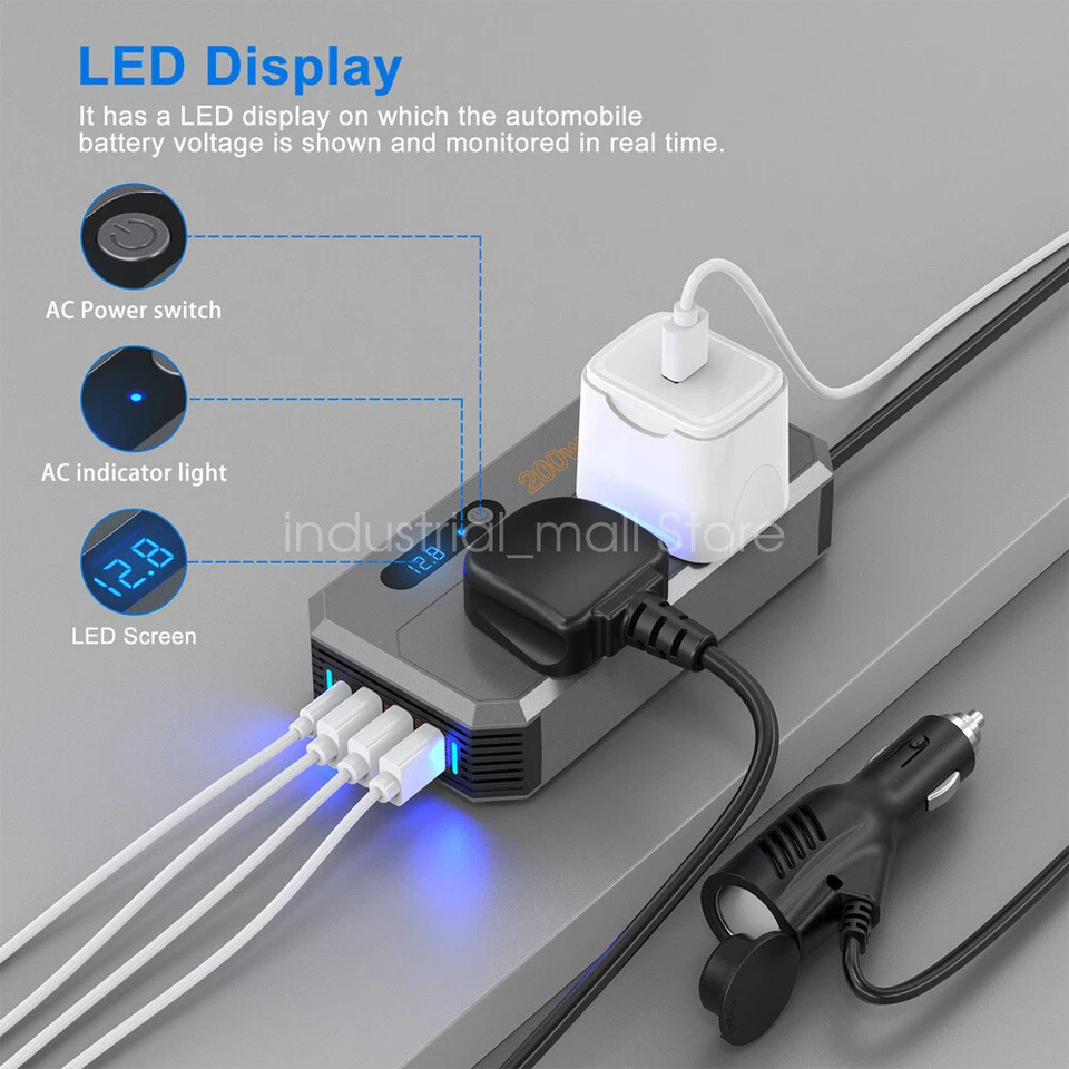 200W Charging Power Inverter Car Socket DC AC USB Fast Charger Power Adapter CN - Image 4 of 4