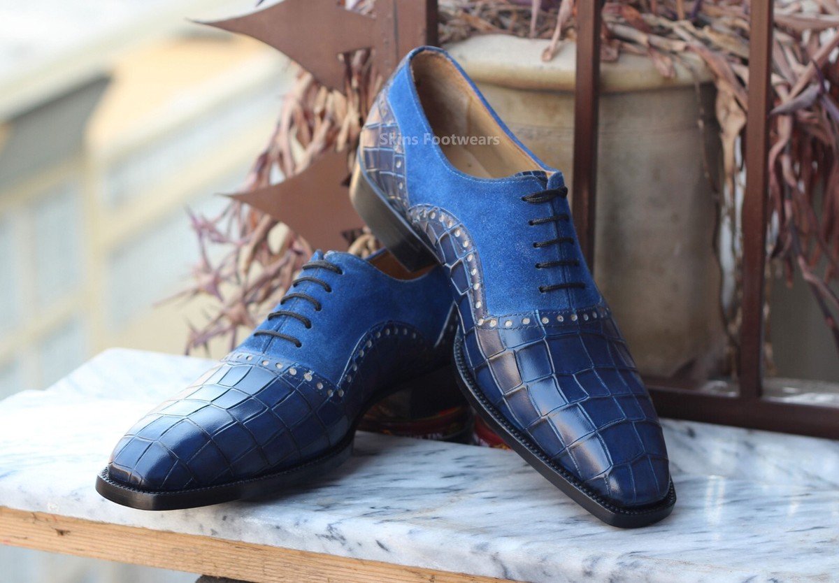 blue leather dress shoes for men Tailor Made Men's Alligator Texture Leather, Suede Oxford Lace Up Size:M32X32