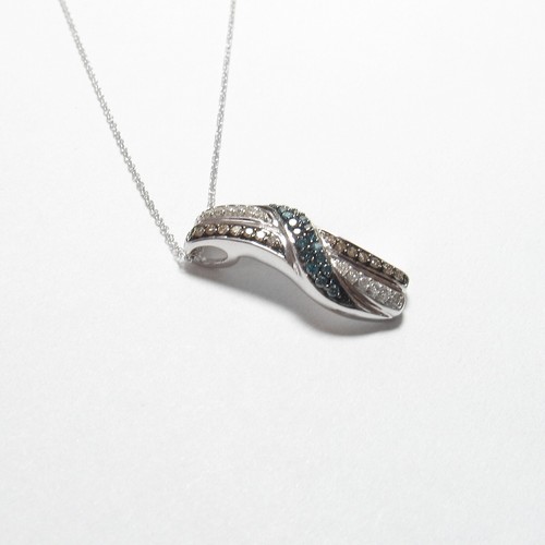 Estate 14K White Gold Cognac, Blue, White Brilliant Cut Diamond Pendant 0.38 Cts - Picture 2 of 5
