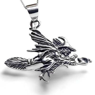 Fliegende Hexe Halskette 925 Sterlingsilber Anhänger 18 Zoll Kette Halloween & verpackt