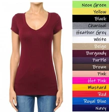  Ambiance V-Neck Short Sleeve T Shirt Basic Plain Solid Top Stretchy Cotton Tee