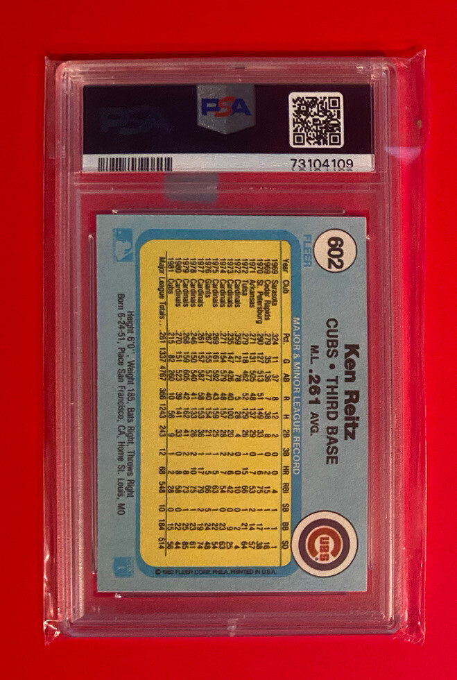 1982 FLEER #602 KEN REITZ PSA 9 CHICAGO CUBS Vintage Graded Baseball Card view 2