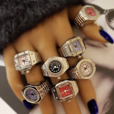 Vintage Punk Finger Watch Mini Elastic Strap Alloy Watches Couple Rings Jewelry