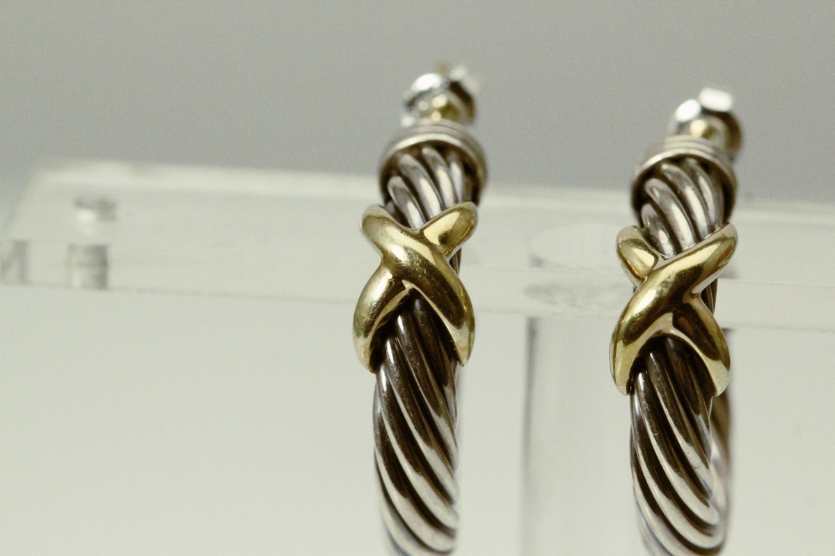 David Yurman 925 Sterling Silver 14K Gold Cable X Hoop Earrings